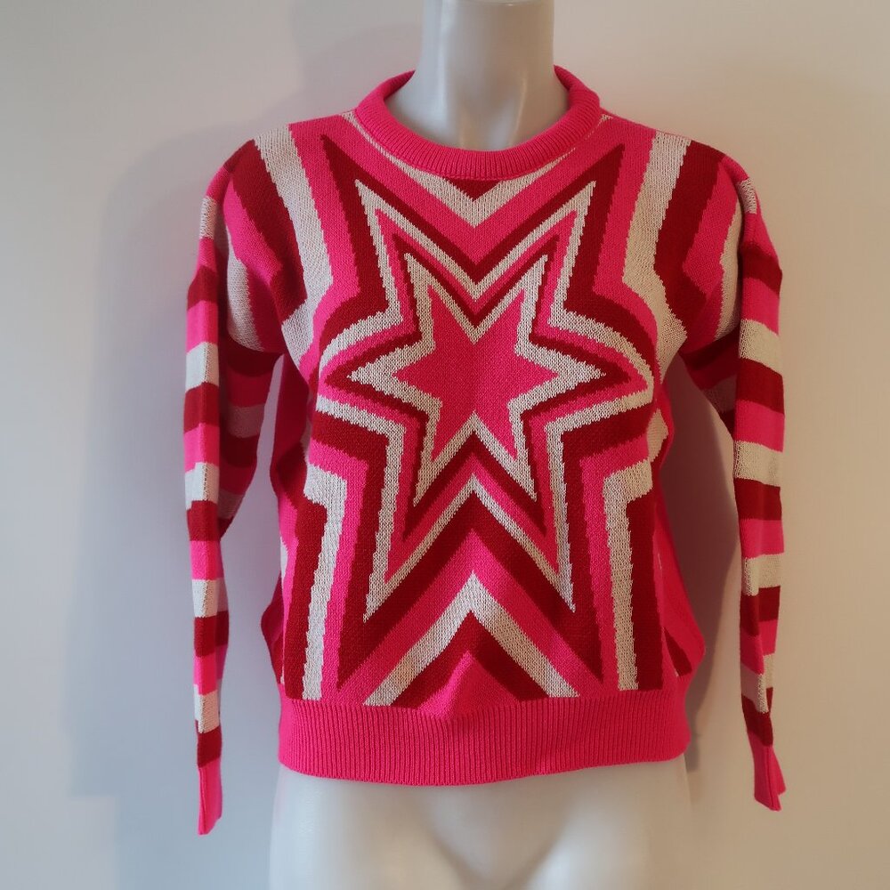 NWT Womens Tina Demel Bright Pink Red White Star Print Crew Neck Sweater M